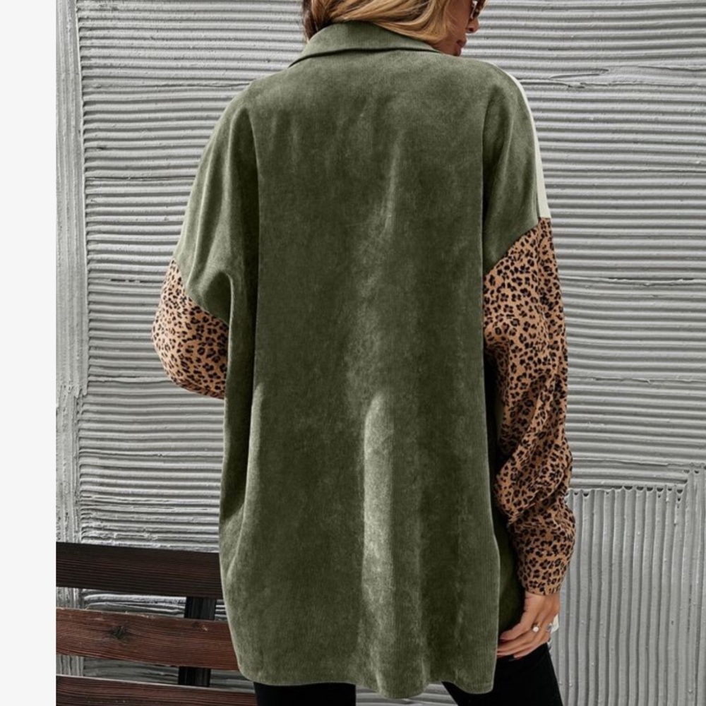 Cozy Corduroy  Oversized Relaxed fit Leopard Print Patch Work Button Down Shirt - Picture 2 of 16